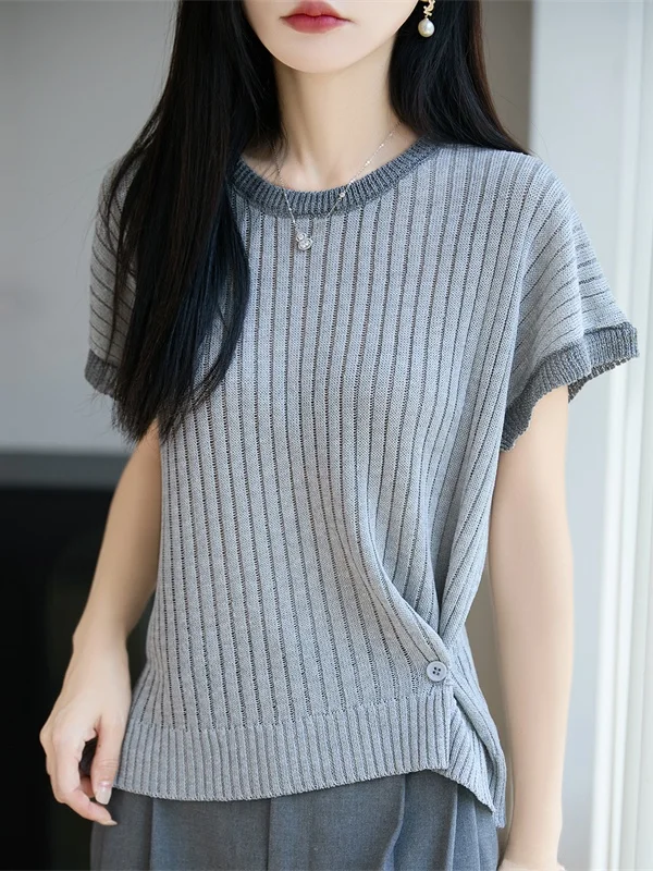 

Soft Korean Style Ice Linen Short Sleeve Knitted T-Shirt Women's Summer Versatile Breathable Miniature Sleeve Top