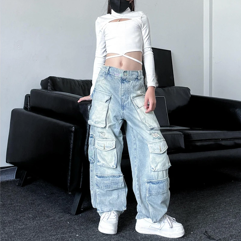 

2024 New Jazz Dance Performance Costumes For Girls White Crop Tops Loose Pants Outfits Streetwear Hip Hop Dance Clothes DQS18020