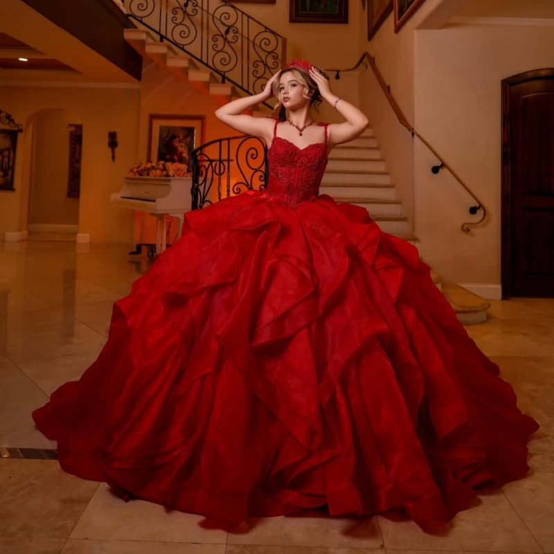 Red Glitter Quinceanera Dresses Off Shoulder Ball Gown Sweet 16 Dress Applique Beading Tiered Tull Party Birthday Vetidos 15 de