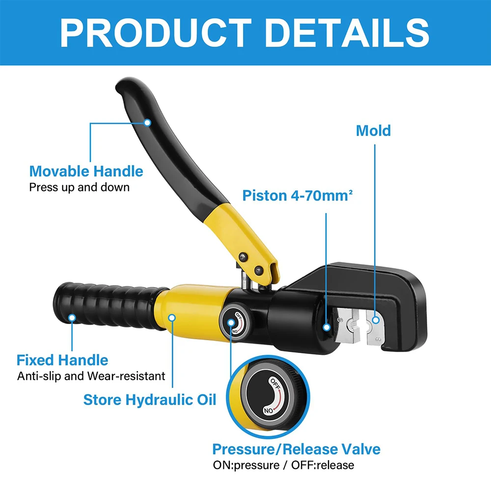 Podofo Hydraulic Crimping Tool 10T Hydraulic Cable Lug Crimper Hydraulic Hand Crimper Tool Electrical Terminal Cable Wire Tool