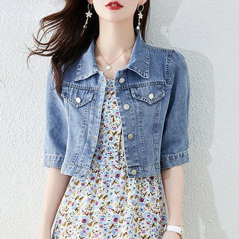

Female Outwear Half Sleeve Denim Fit Mujer Ropa Harajuku Street Jackets Women Basic Solid Vintage Crops Trendy Turn Down Collar