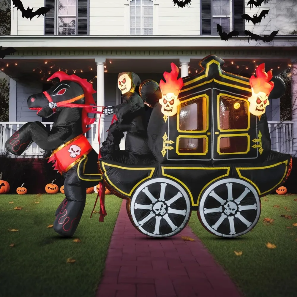 

10-Foot Halloween Inflatable Carriage Outdoor Decoration with Hellfire Theme and Built-in Light