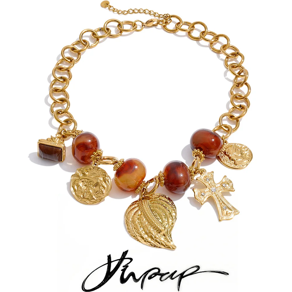 Yhpup Vintage Resin Round Leaf Cross Charms Pendant Drop Statement Necklace for Women Stainless Steel Handmade Sweater Jewelry