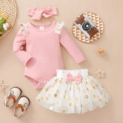 Spring and Autumn 2024 New Pink Long-sleeved Romper+Polka Dot Mesh Skirt, Two-piece clothes Set,Baby Girl Outfit Set,95% cotton