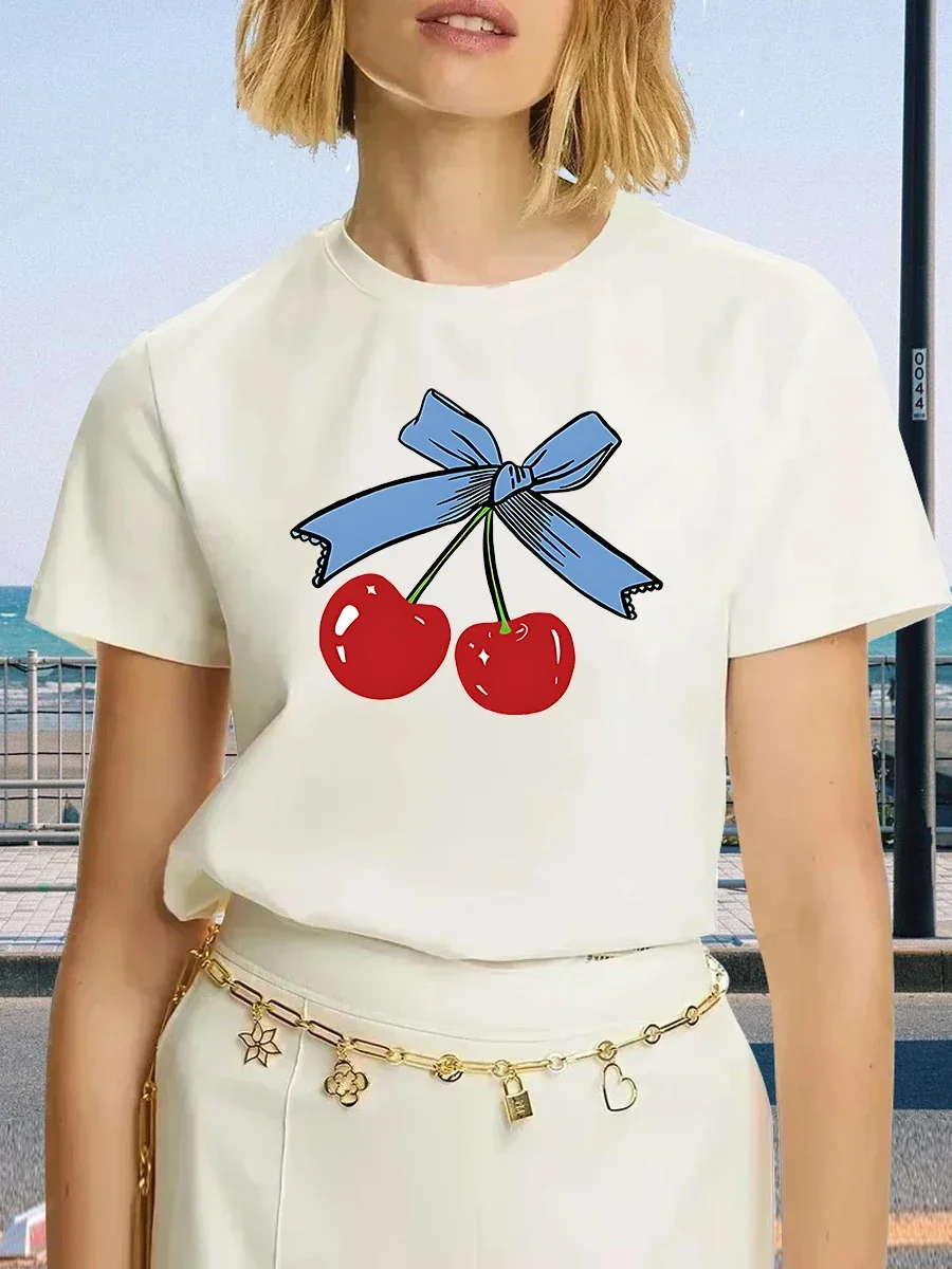 Camiseta de verano para mujer Top informal con estampado de cereza y flecha y lazo a la moda Y2K de media manga con cuello