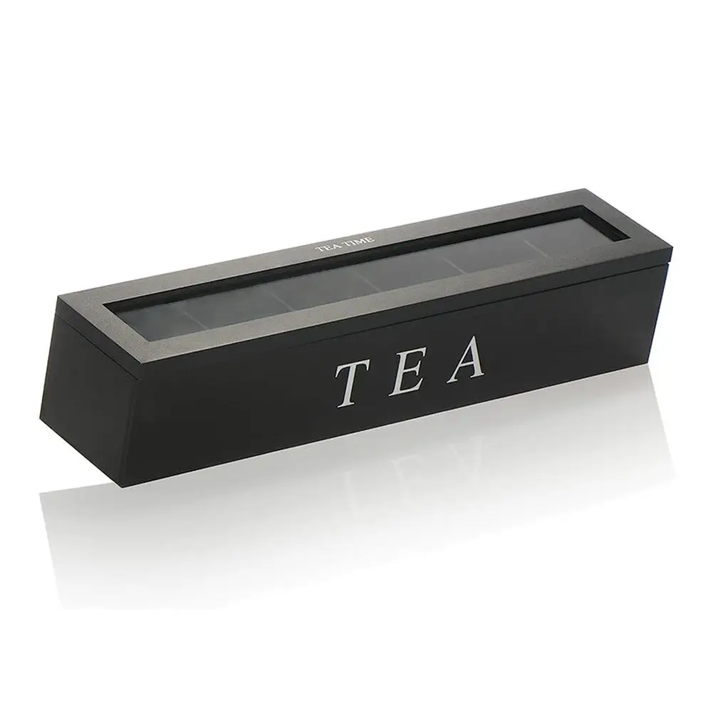 Wooden Tea Storage Box Organizer With 6 Compartment Coffee Bag Holder Chest Box With Transparent Cover With 5 Slots