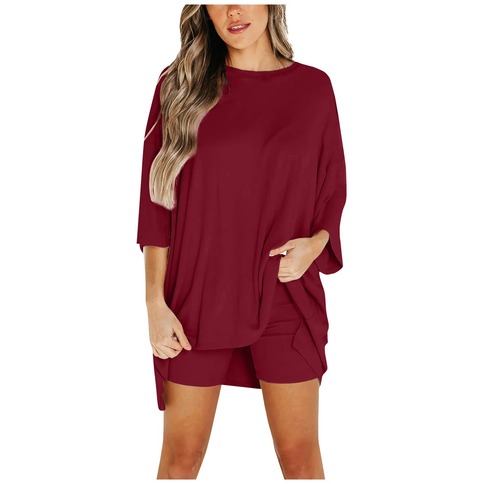 Two Piece Solid Color Basic Versatile Daily Life Plus Size Round Neck Short Sleeves Drop Shoulder Top And Loose Shorts Set For F