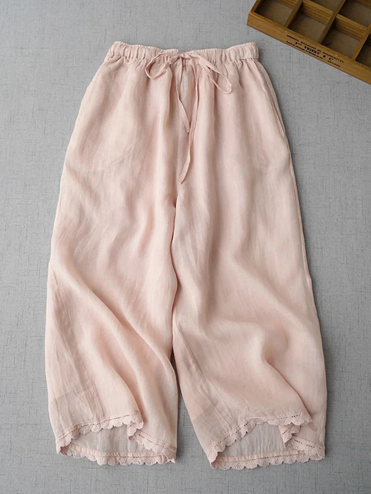 Pantaloni di lino in cotone a gamba larga a vita alta Pantaloni da sette piedi in lino sottile con giunture in pizzo casual estivo da donna