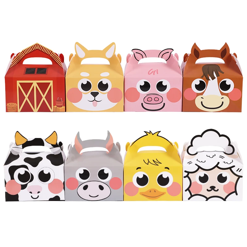 

5Pcs Farm Themed Animal Paper Candy Box Cartoon Cow Sheep Pig Biscuit Packaging Box With Handle Kids Birthday Party Favors Decor