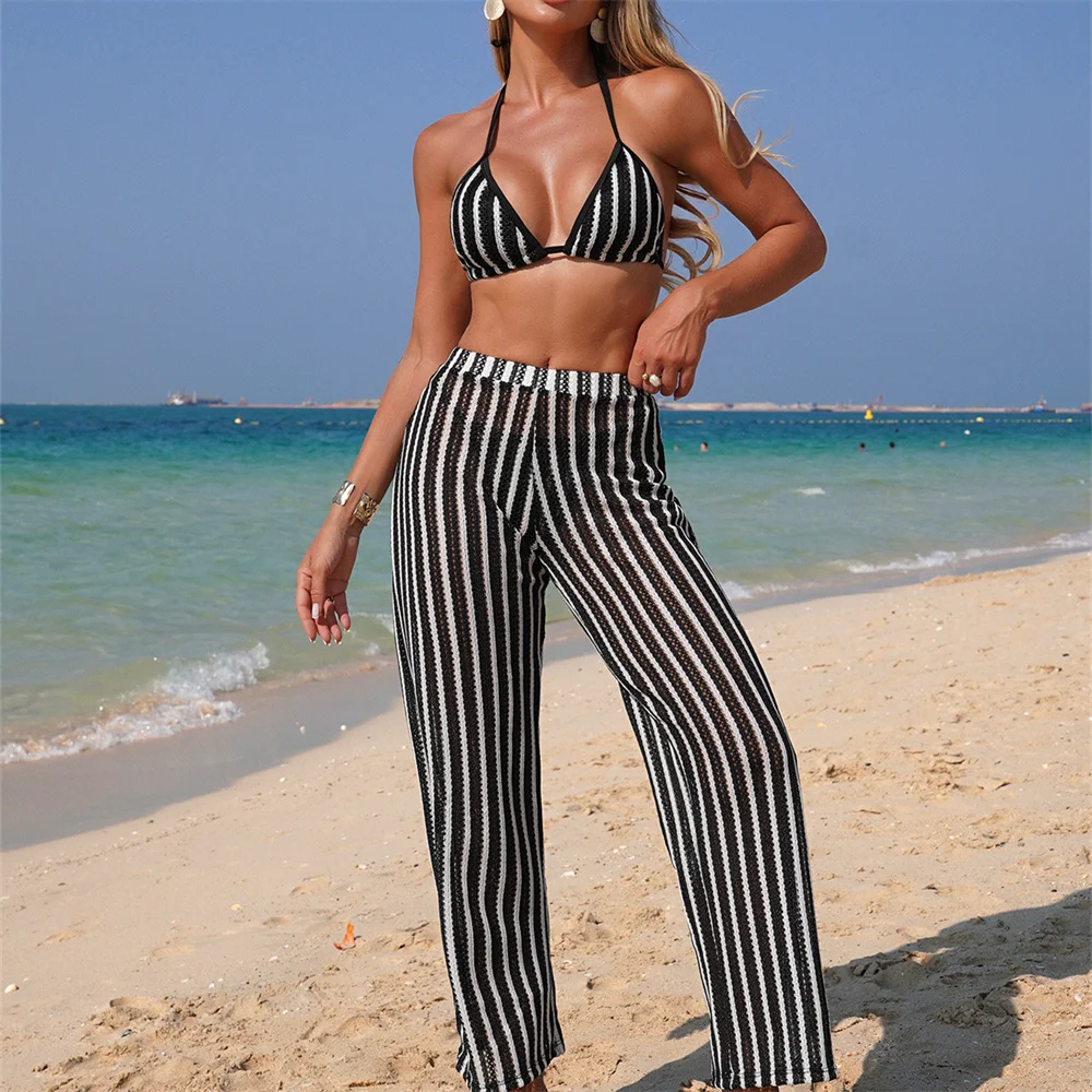 

Three Piece Contrast Color Striped Swimsuit Pants Set Micro String Bikini Backless Vacation Swimwears Elegant Women Beach Outfit
