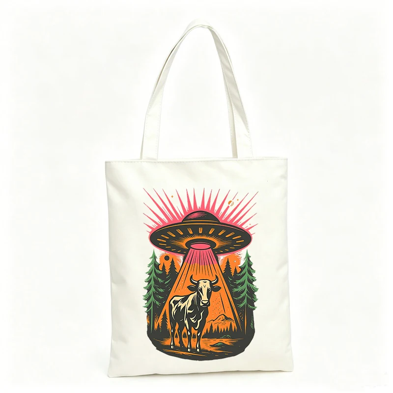 Women's UFO and cow graphic canvas tote bag, retro style for casual outings and daily use