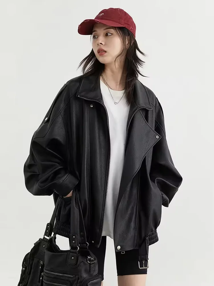 Mauroicardi Spring Autumn Retro Black Oversized Pu Leather Motorcycle Jacket Women Belt Zipper Luxury European Fashion 2025