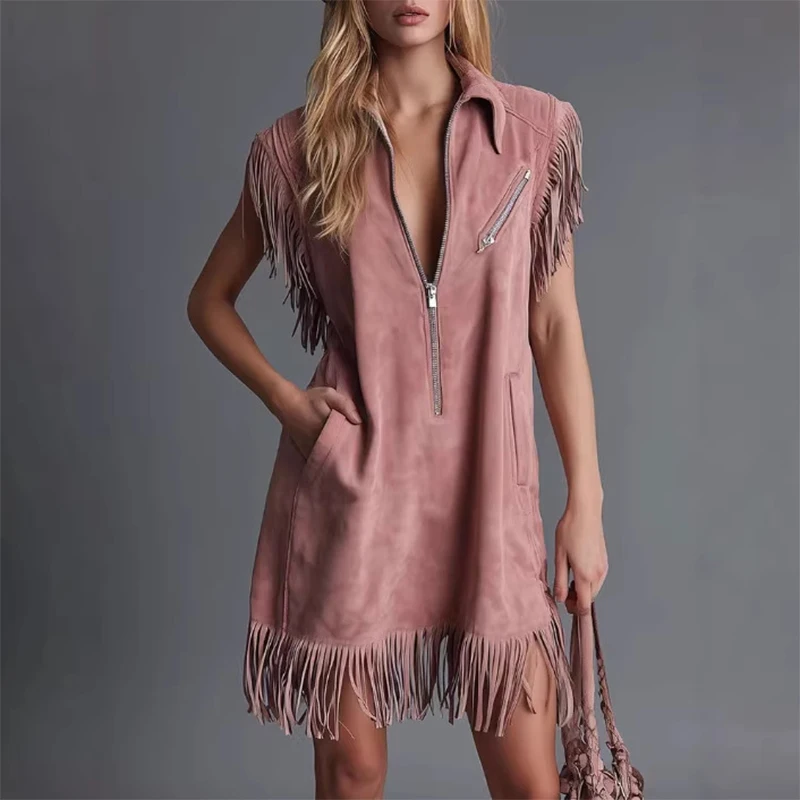 Fashion Tassel Splicing Solid Party Dress Casual Sleeveless Zipper Lapel Collar Women's Dresses Summer Elegant Suede Mini Dress