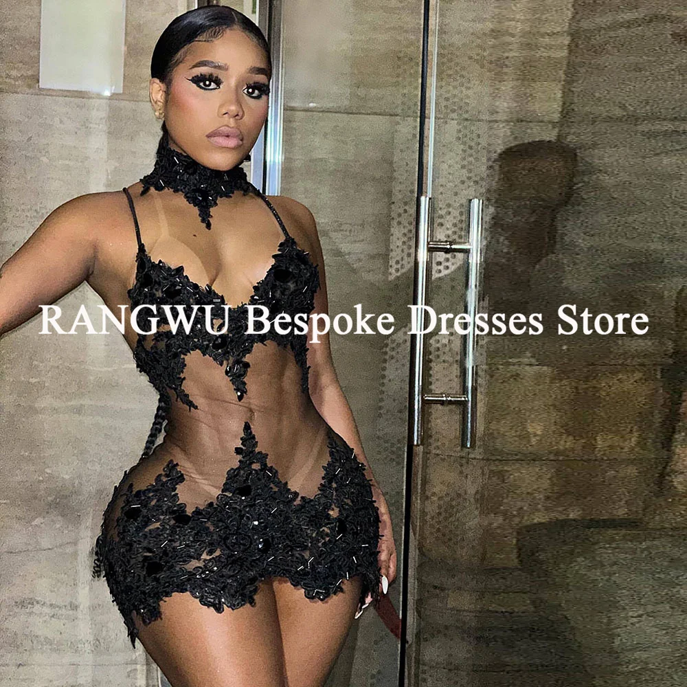Маленькое черное платье для женщин, короткое вечернее платье на бретельках с блестками, кружевное платье с аппликацией, Vestidos De Gala, коктейльные платья по индивидуальному заказу