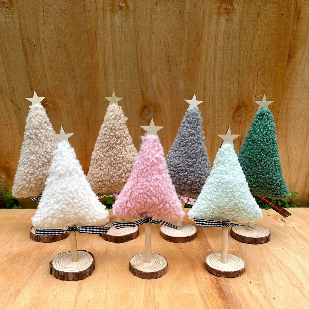 3pcs Sherpa Christmas Tree Ornament With Topper Star Yarn Table Decoration Solid Color Tree Set Festive Holiday Accessory