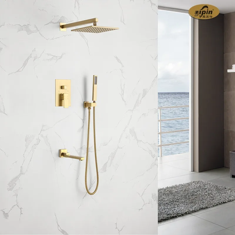 

Brushed Gold Concealed Shower Faucet Set, Wall-mounted Pressure-boosting Hidden Rain Shower Set for The Bathroom.