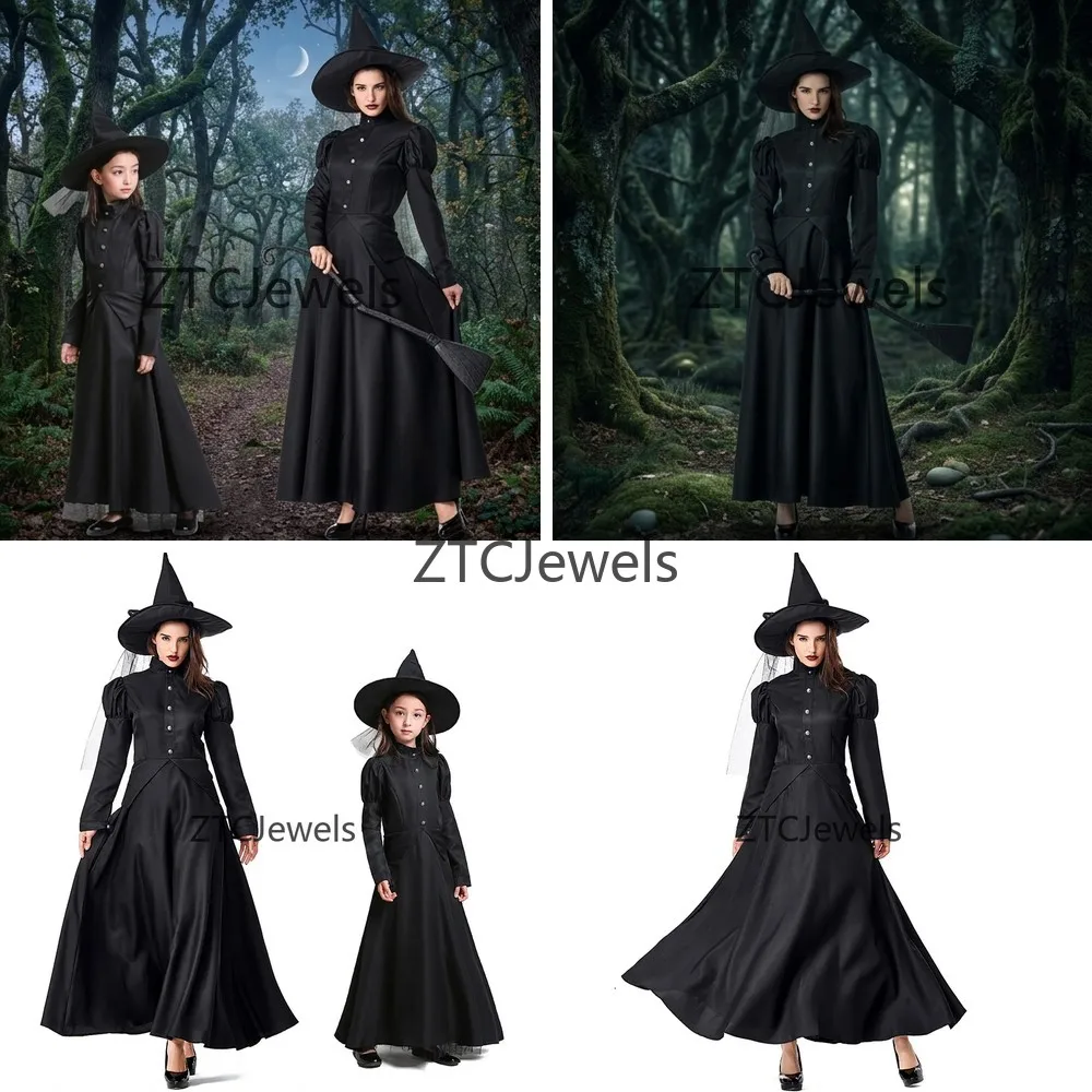 Zauberer von Oz Schwarzes Hexenkostüm Halloween Cosplay Outfit für Erwachsene Kinder Bühnenauftritt Eltern-Kind Familien-Set