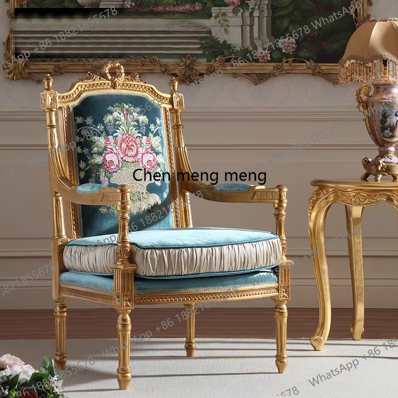 

Solid wood gold single sofa chair European style carved villa fabric lounge chair negotiation armchair