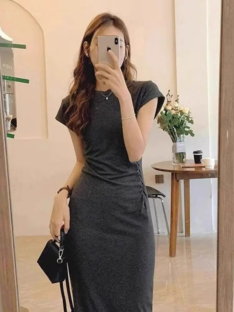 Ele – t-shirt plissé et cintré à la taille pour femmes, Design d'été, sensuel, amincissant, jupe longue en coton