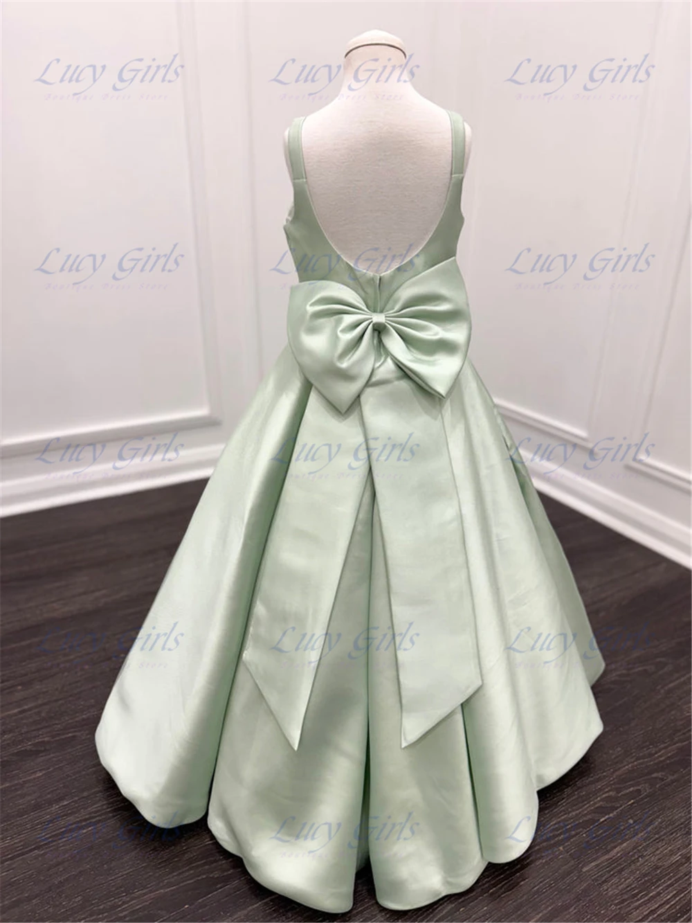 Quality Lower Girl Dress Pink or Green Satin Fluffy with Big Bow for Kids Wedding Bridesmaid Birthday Party Evening Ball Gowns