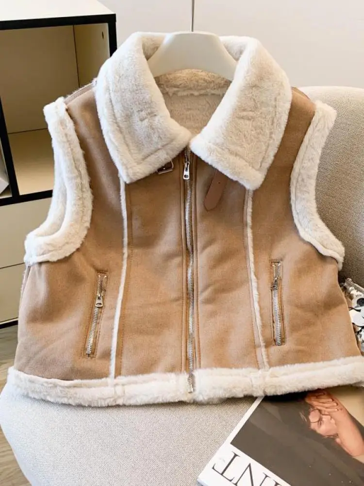 

Korean Women Brown Khaki Plush Velvet Zipper Short Tank Coat Winter New Fashion Sleeveless Versatile Thick Vest Jacket Casual