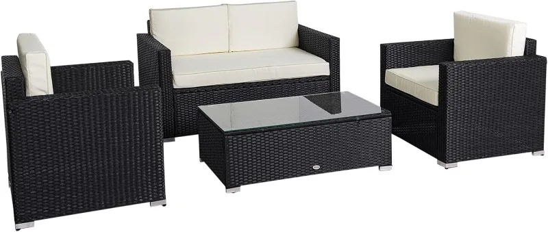 Wicker Patio Furniture Set with CushionsOutdoor Sectional Furniture with  Sofa Loveseat and Glass Top Coffee Table Conversation