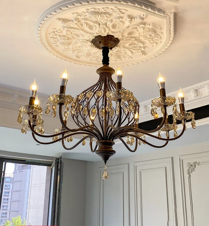 

American Retro Pendant Light, French Crystal Living Room Light, Dining Room Light, Walnut Color Bedroom Lighting