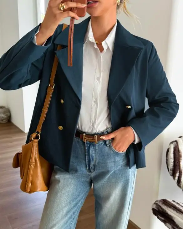 

Женская куртка 2025 года, последняя осенне-зимняя популярная модная элегантная куртка на пуговицах с длинными рукавами, женская одежда