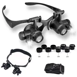 10/15/20/25X LED Watch Jeweler Repair Magnifier Head-Mounted Headband Adjustable Magnifying Head Eye Glasses Loupe Lens Tool