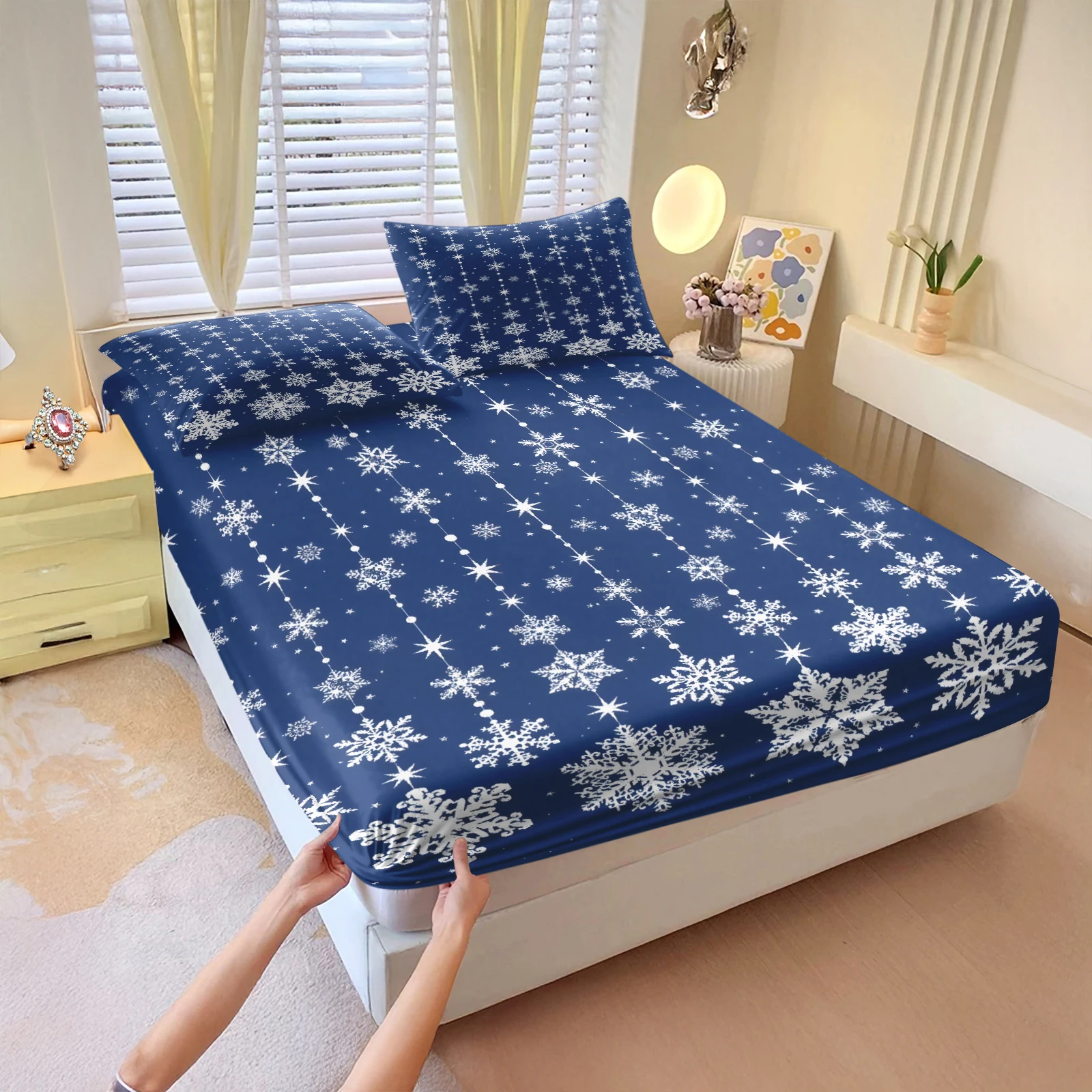 Dark Blue White Snowflake Star Print Fitted Sheet Set Elastic Deep Pocket Mattress Cover Soft Breathable Polyester Bed Sheets