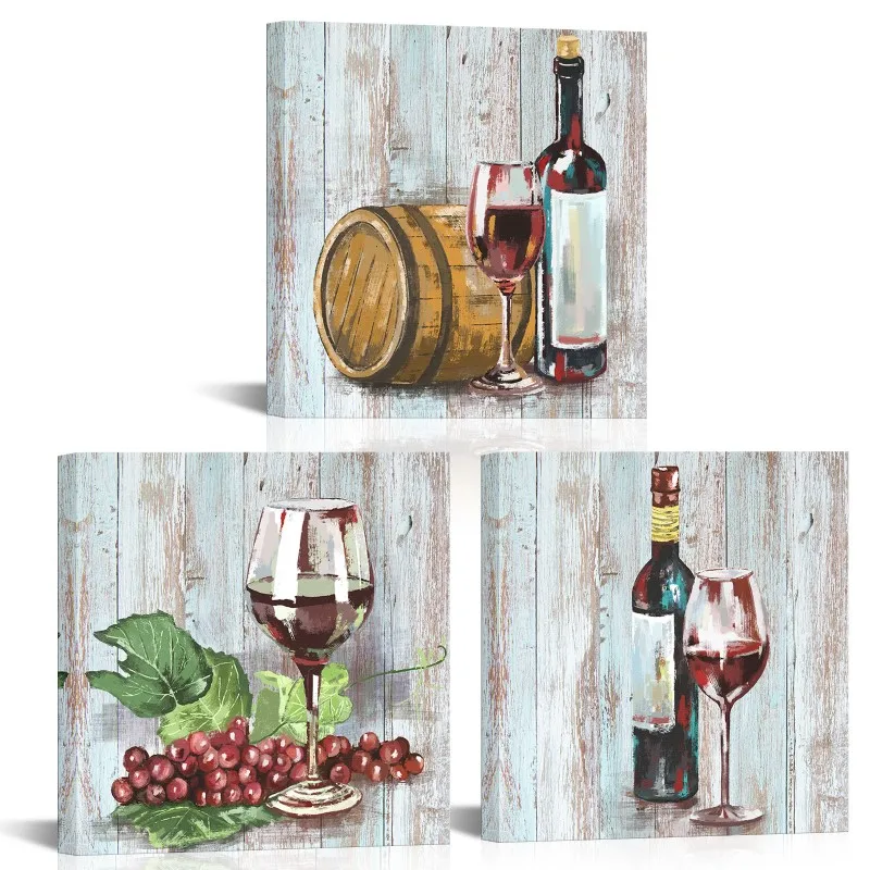 

3 Pieces Poster Home Decor Wine In Glass Print Canvas Art Grapes and Barrels Modern Style Pictures Dinning Room Wall Art