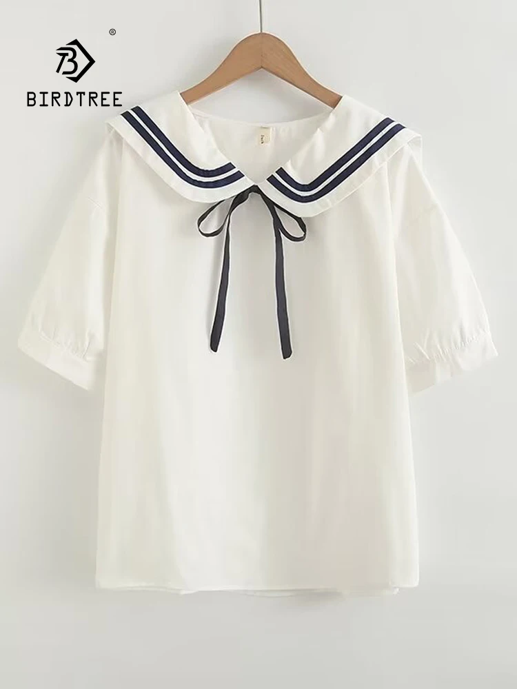 New Spring Cotton Loose Shirt Women Naval Collar Short Sleeve Top Girl Fashion Retro OL Commute Blouses 2024 Summer T45448QC