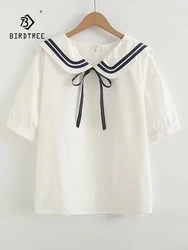 New Spring Cotton Loose Shirt Women Naval Collar Short Sleeve Top Girl Fashion Retro OL Commute Blouses 2024 Summer T45448QC