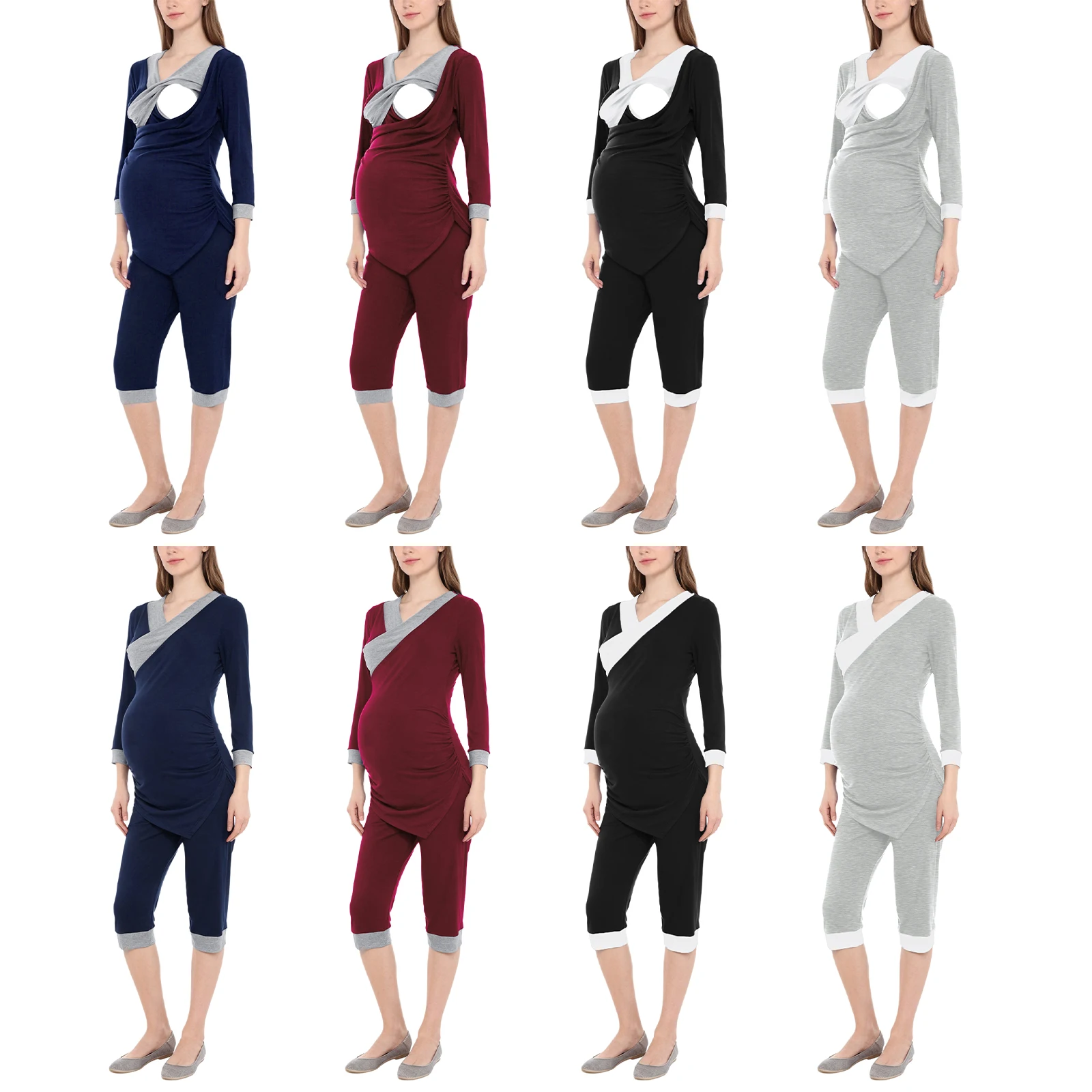 طقم بيجامة نسائي غير رسمي للأمهات 3/4 كم قطع علوية للرضاعة الطبيعية مع سروال خصر قابل للتعديل ملابس نوم ملابس للاستلقاء