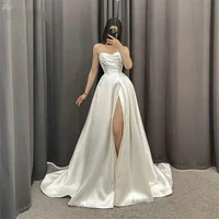 Vestido de novia de satén con escote en forma de corazón de marfil, sencillo, personalizado, plisado, con abertura alta lateral, corte en A, vestido de noche de cola larga