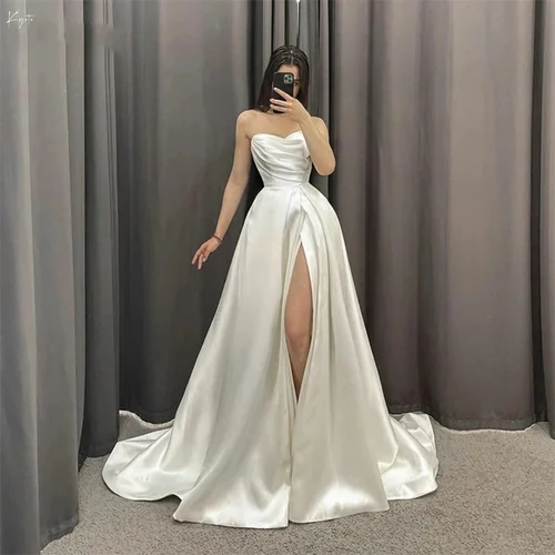 Vestido de novia de satén con escote en forma de corazón de marfil, sencillo, personalizado, plisado, con abertura alta lateral, corte en A, vestido de noche de cola larga