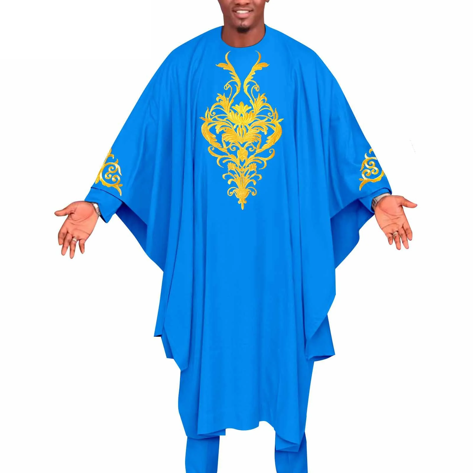 

African Traditional Clothing for Men Embroidery Agbada Robe Shirts and Pants Set Dashiki Outfits for Wedding Evening