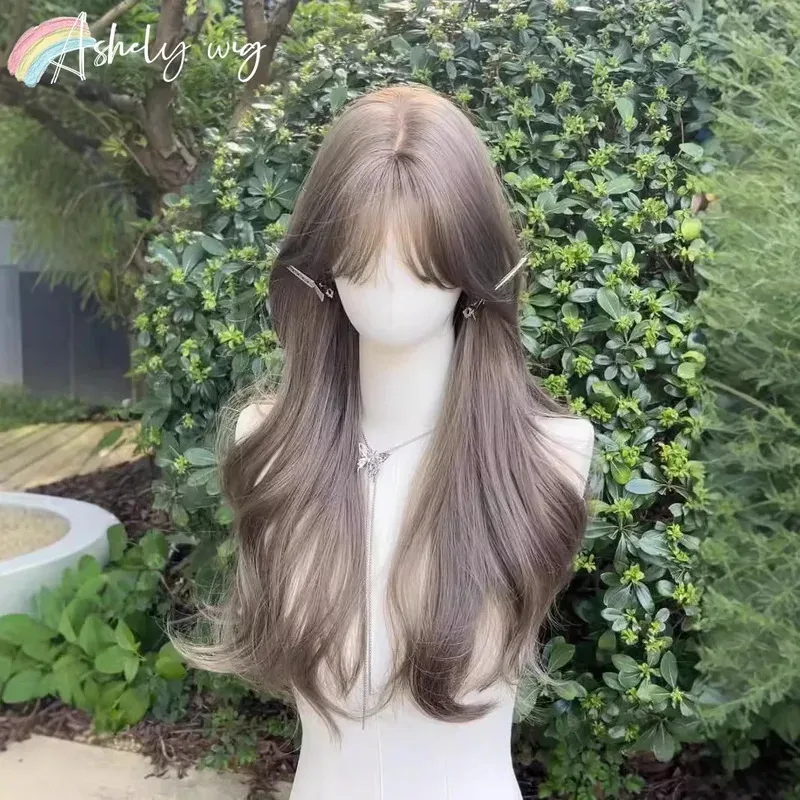 شعر مستعار بني رمادي مع الانفجارات شعر طبيعي طويل مموج 24 بوصة شعر مستعار مموج لوليتا لينة ارتفاع درجة الحرارة الألياف عقال شعر مستعار