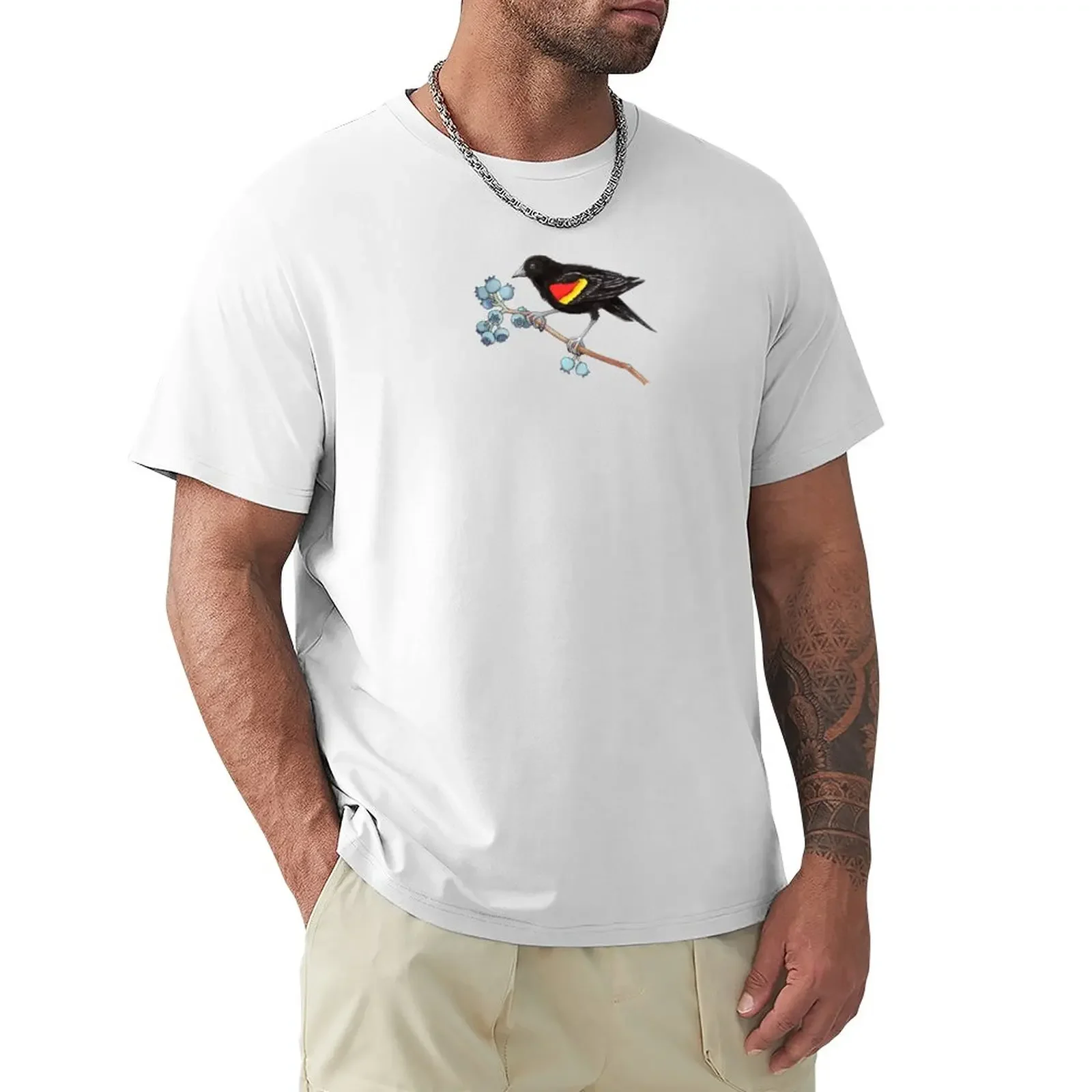 Red-Winged Blackbird and Blueberries Pen and Ink Illustration T-Shirt customs design your own mens graphic t-shirts hip hop