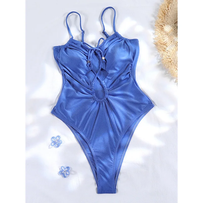 Rinabe Whole swimsuit Blue Bikini Hollow Out Swimwear High Cut Beachwear Bandage Swimsuits Micro Bikinis One-Piece Bathing Suit