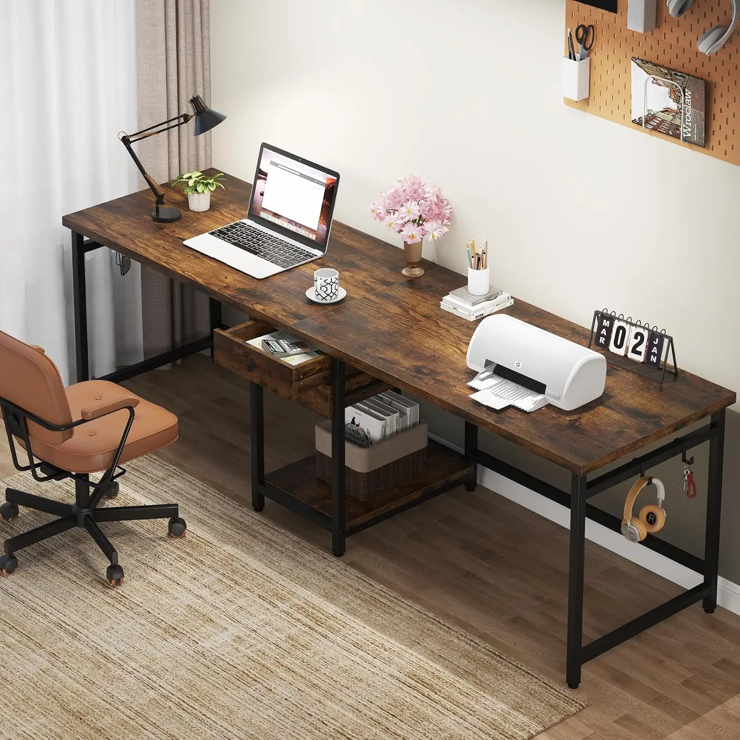 Two Person Desk, 79 Inch Double Desk with 2 Drawers, Large Computer Desk Long Desks with Storage Shelves, Writing Table Study De