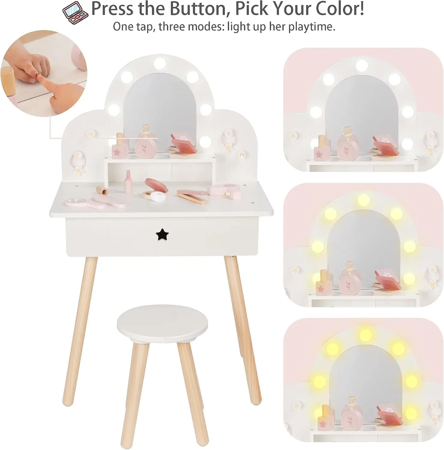 Kids Vanity Set for Little Girls with Touch-Button 3-Color Lighted Mirror | Wooden Pretend Play Makeup Table with 11 Accessories