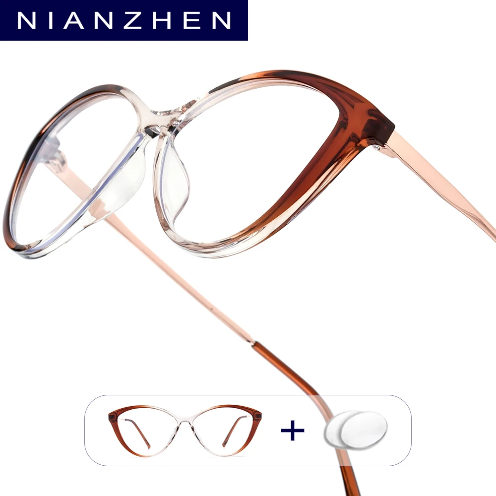 NIANZHEN Myopia Prescription Glasses Photochromic Progressive Optical Lens Eyewear Women Cat Eye Eyeglasses TR90 Frame 3013