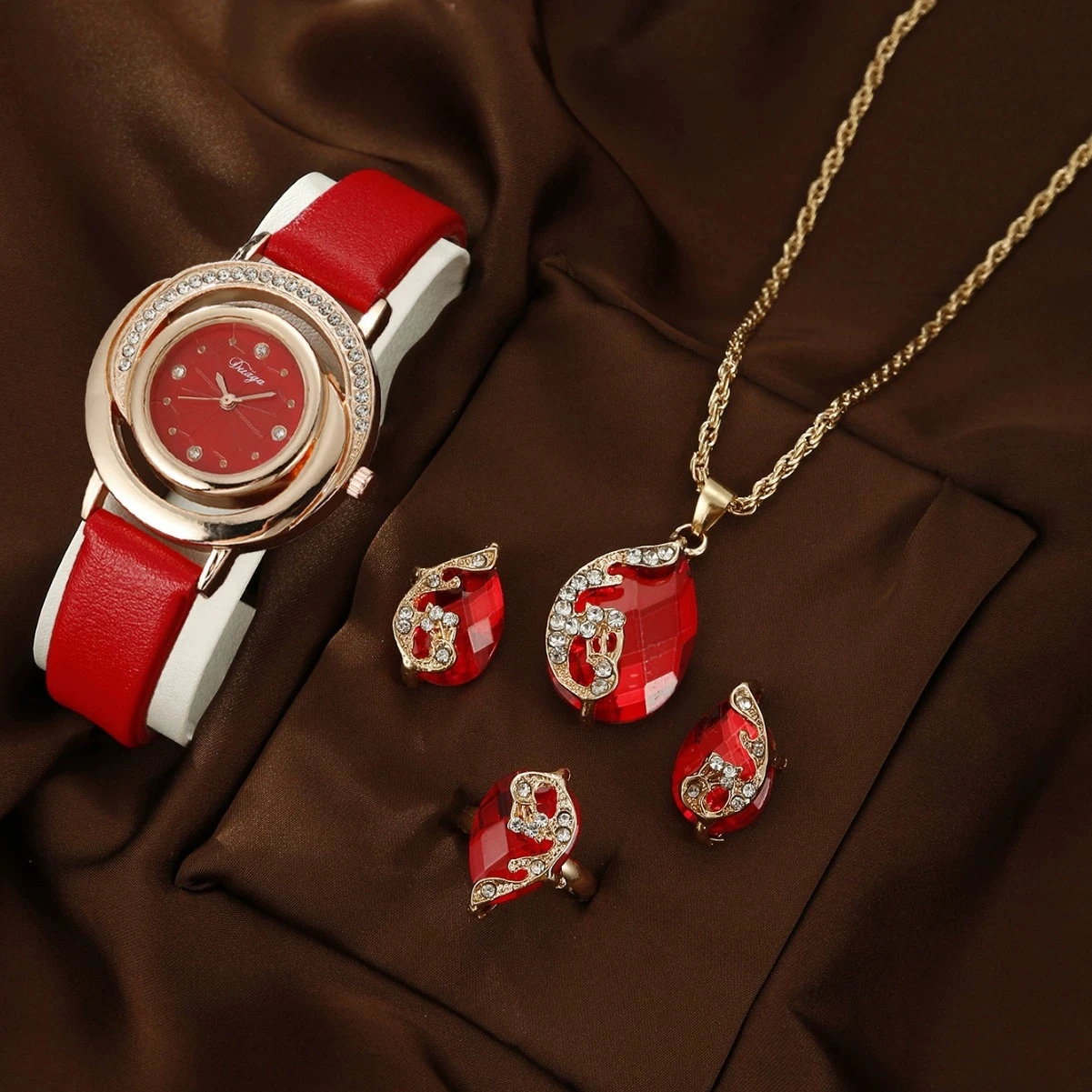 

5PCS/Set Women's Watch Fashion Full Diamond Steel Strap Pointer Quartz Watch Necklace Ring Earrings Jewelry Set (No Box)