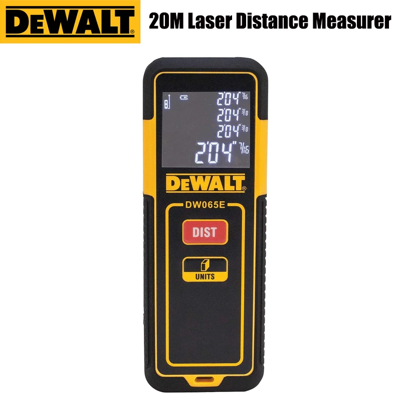 

DEWALT DW065E 20M Laser Distance Measurer Black Back Lit LCD Screen Indoor Outdoors Portable Over Molded Housing Range Finder