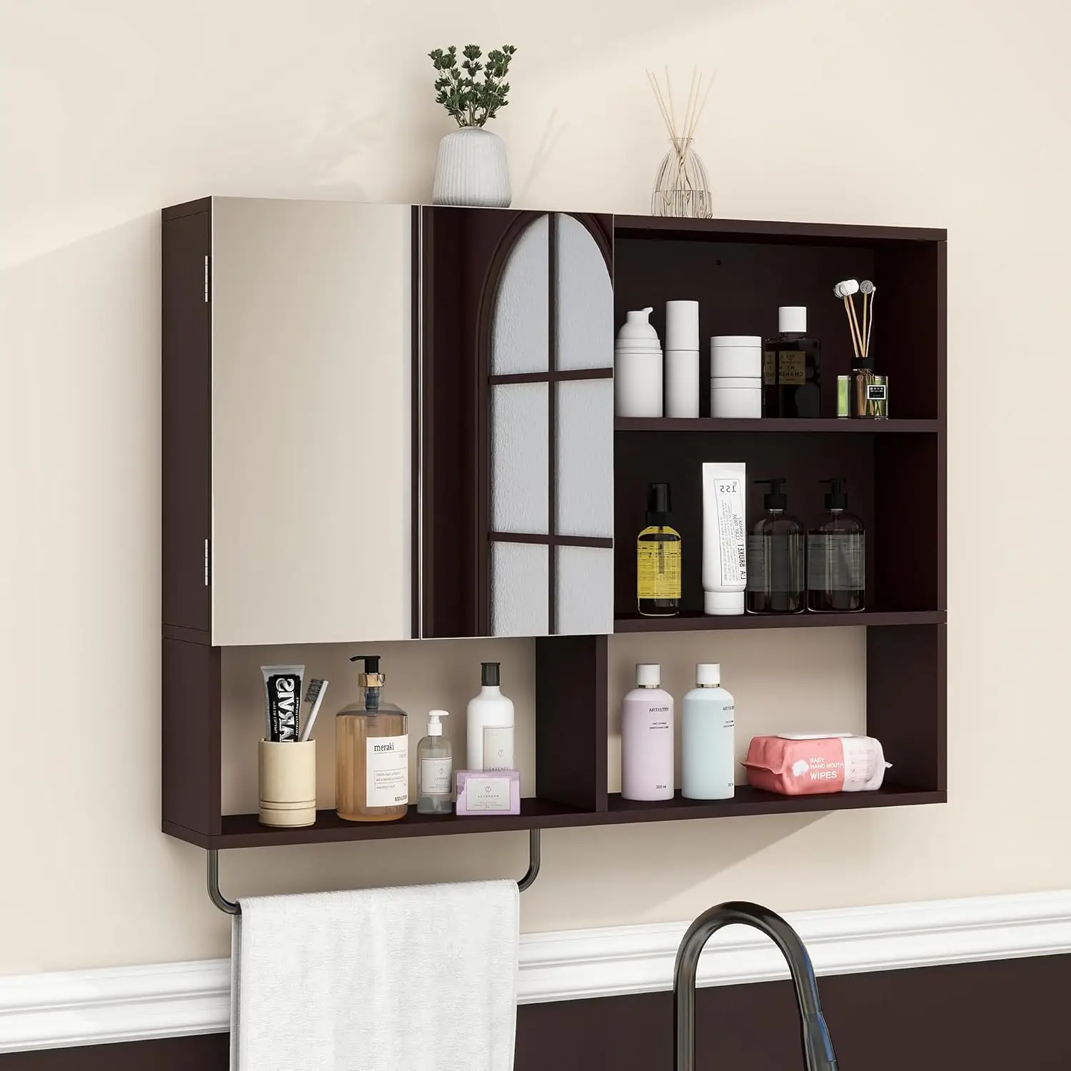 

Wooden Bathroom Wall Cabinet with 2 Doors, Adjustable Shelves & Towel Bar, Over Toilet Storage, Espresso