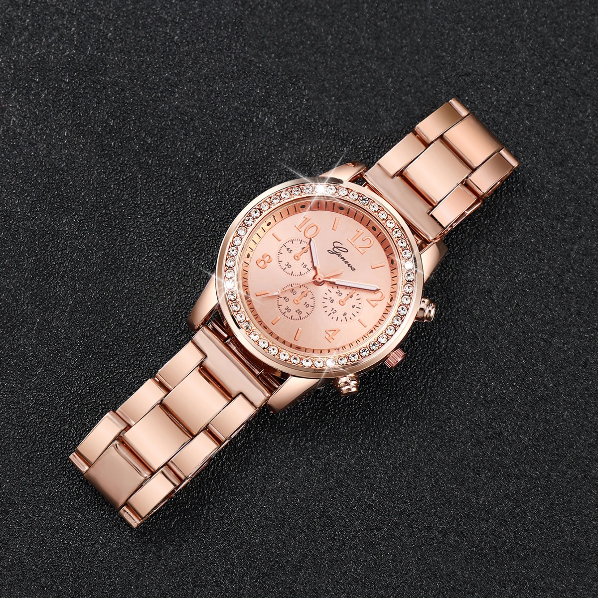 2PCS Women\'s Watch Fashion Rhinestone Rose Gold Steel Band Analog Quartz Watches Bracelet Set