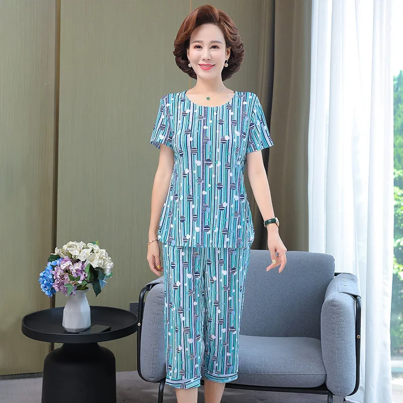 

2 Piece Sets Womens Outfits 2023 New Middle-aged Women's Summer Suits High Waist Pants Female Short Sleeve Tops Elegant Clothes