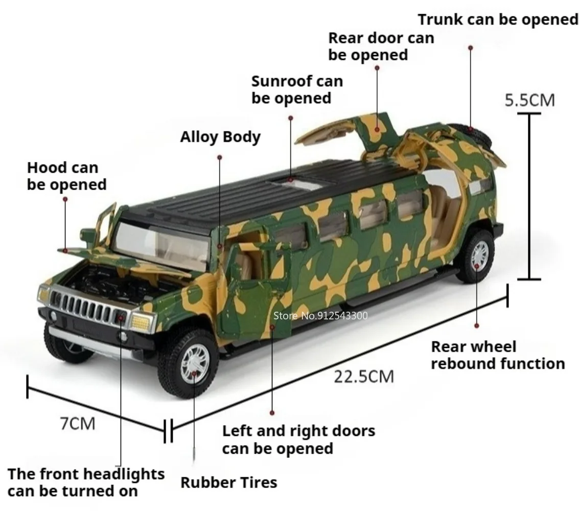 Scala 1:32 H2 Modello di auto Porte giocattolo aperte Tirare indietro Alta simulazione Suono Luce Modelli in miniatura Giocattoli Hooby Regali per i bambini