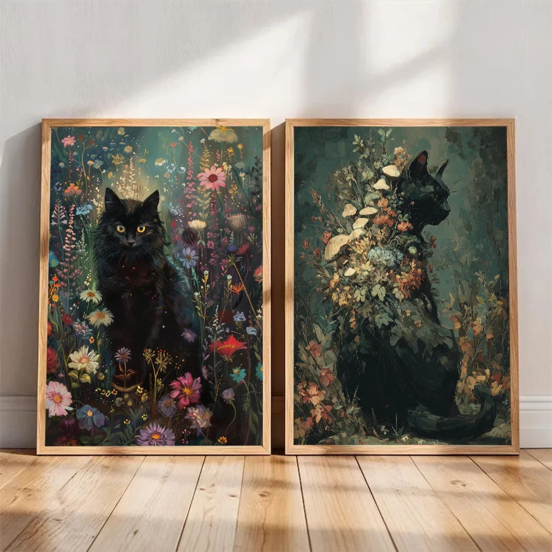Witchy Black Cat Floral Moonlit Cottagecore Gothic Poster Canvas Painting Print Wall Picture for Living Room Home Decor Cuadros